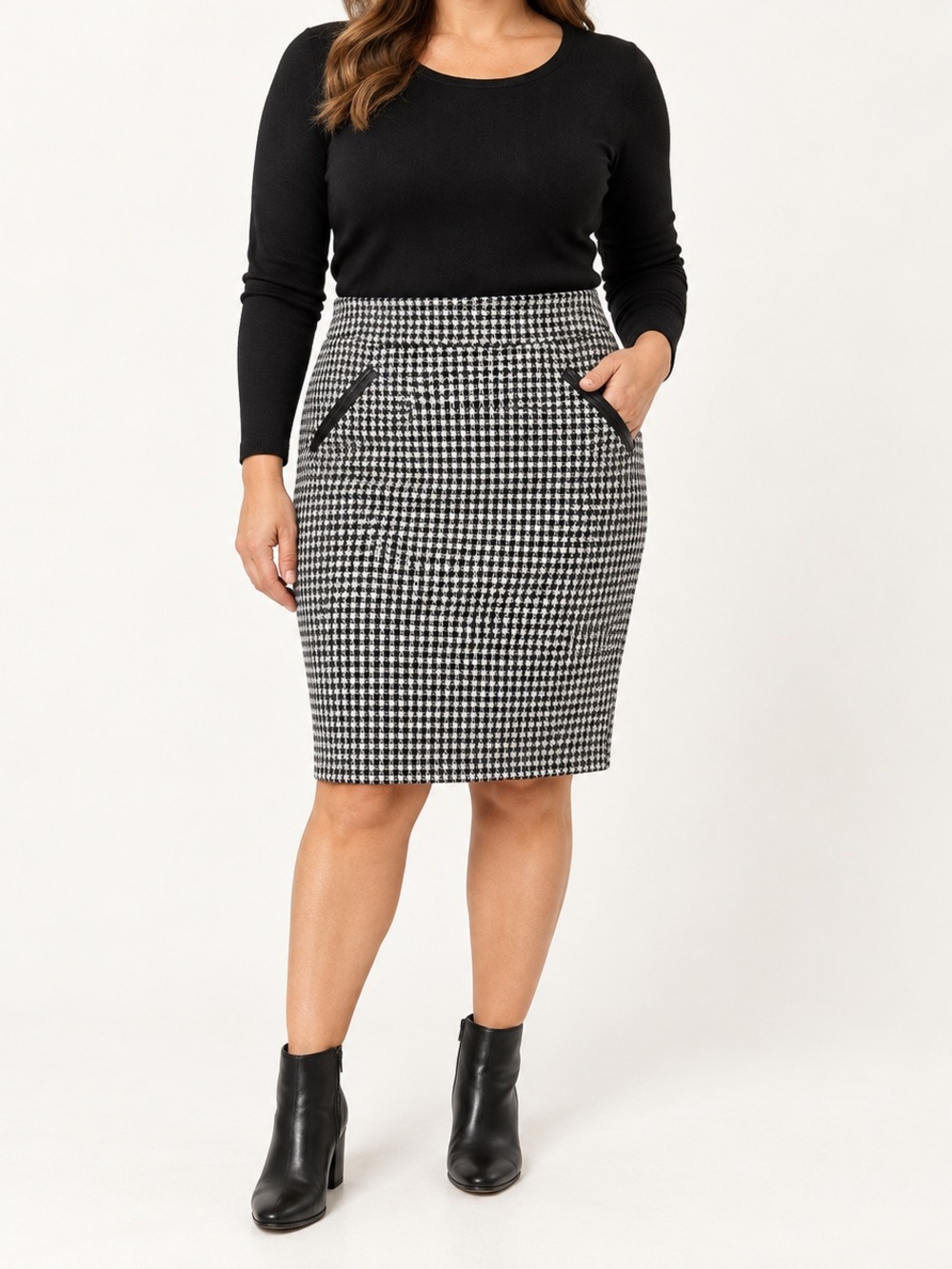 Denver Hayes Houndstooth Faux Leather Trim Pencil Skirt Medium